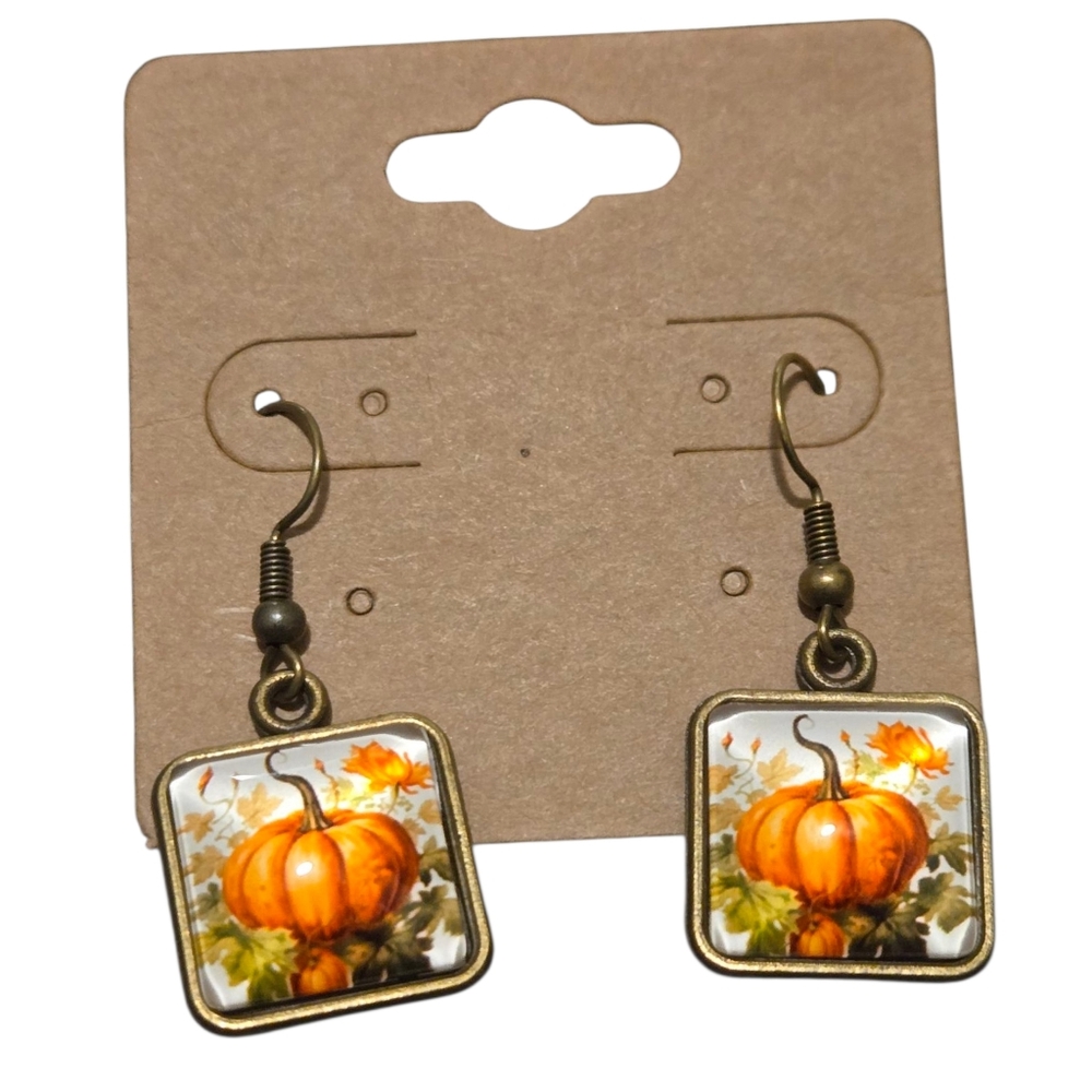 Antique Bronze Pumpkin Glass Cabochon Dangle Earrings